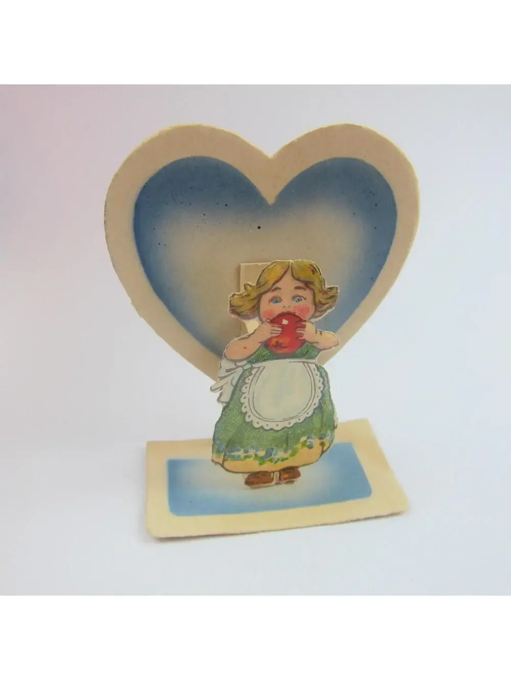 Vintage Valentine 3D Pop Up Die Cut Blonde Girl Green Dress Apron Apple UNSIGNED